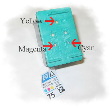 Zdejmujemy etykietę z oznaczeniami kartridża HP 351 co daje nam dostęp do otwórów napełniania cyan, magenta, yellow 