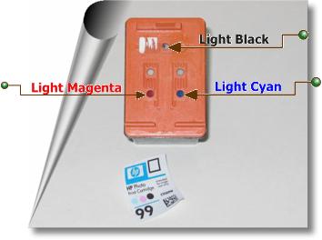 Napełniamy strzykawką po kolei otwory light black, magenta, cyan w kartridżu photo HP 99