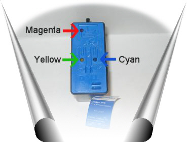 Zdejmujemy etykietę kartridża i napełniamy go za pomocą strzykawki, kolejno w otwory cyan, magenta, yellow - Dell M4646